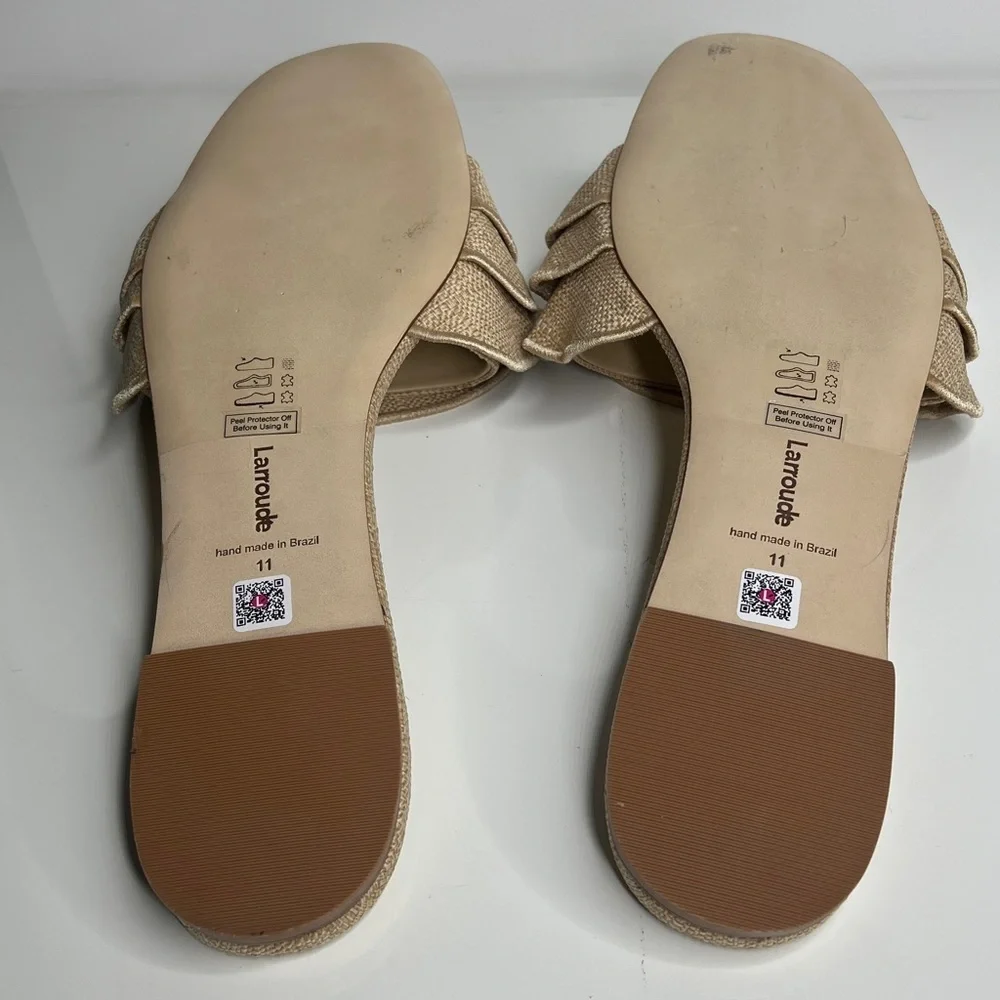Larroudé Sz 11 Ivy Beige Raffia Ruffle Flat Slip On Sandals - New Unworn